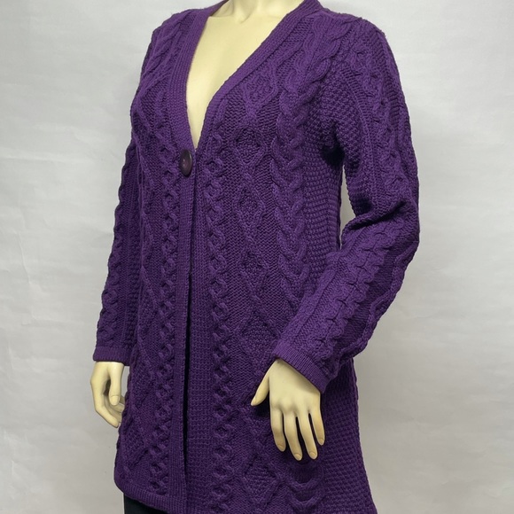 ARAN CRAFTS Merino Wool Chunky Knit Single Button Cardigan Sweater Purple XS S - Picture 12 of 13